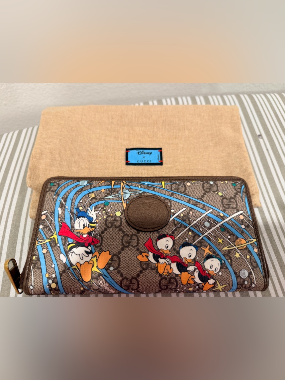 Gucci Brown Monogram Zip Wallet with Disney Collab Donald Duck and nephews
